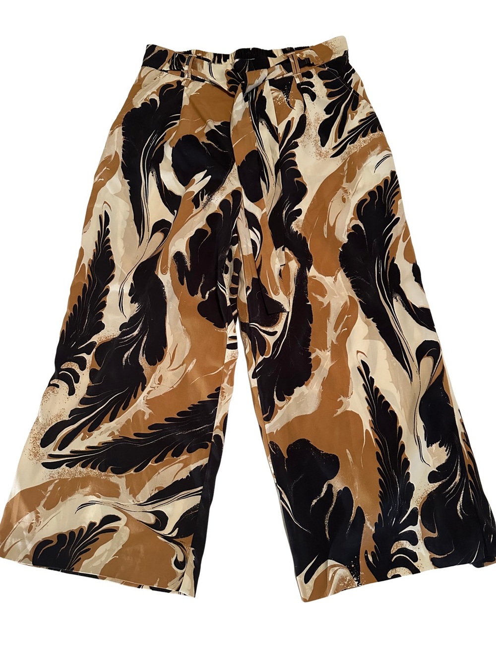 Wide-Leg Patterned Cropped Palazzo Culottes Pants in Navy, Brown & Cream M